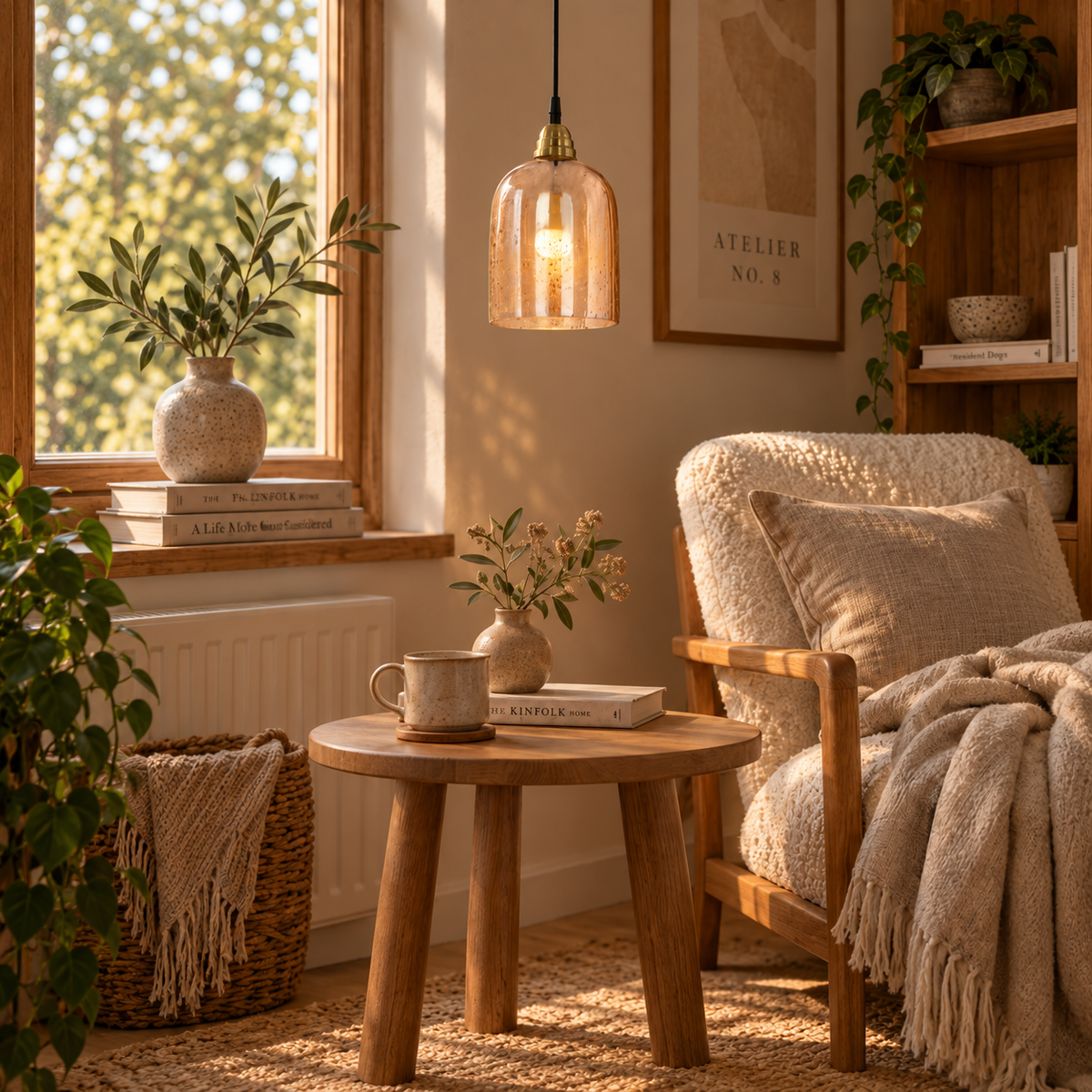 Luma pendel – ravfarvet glas & messing