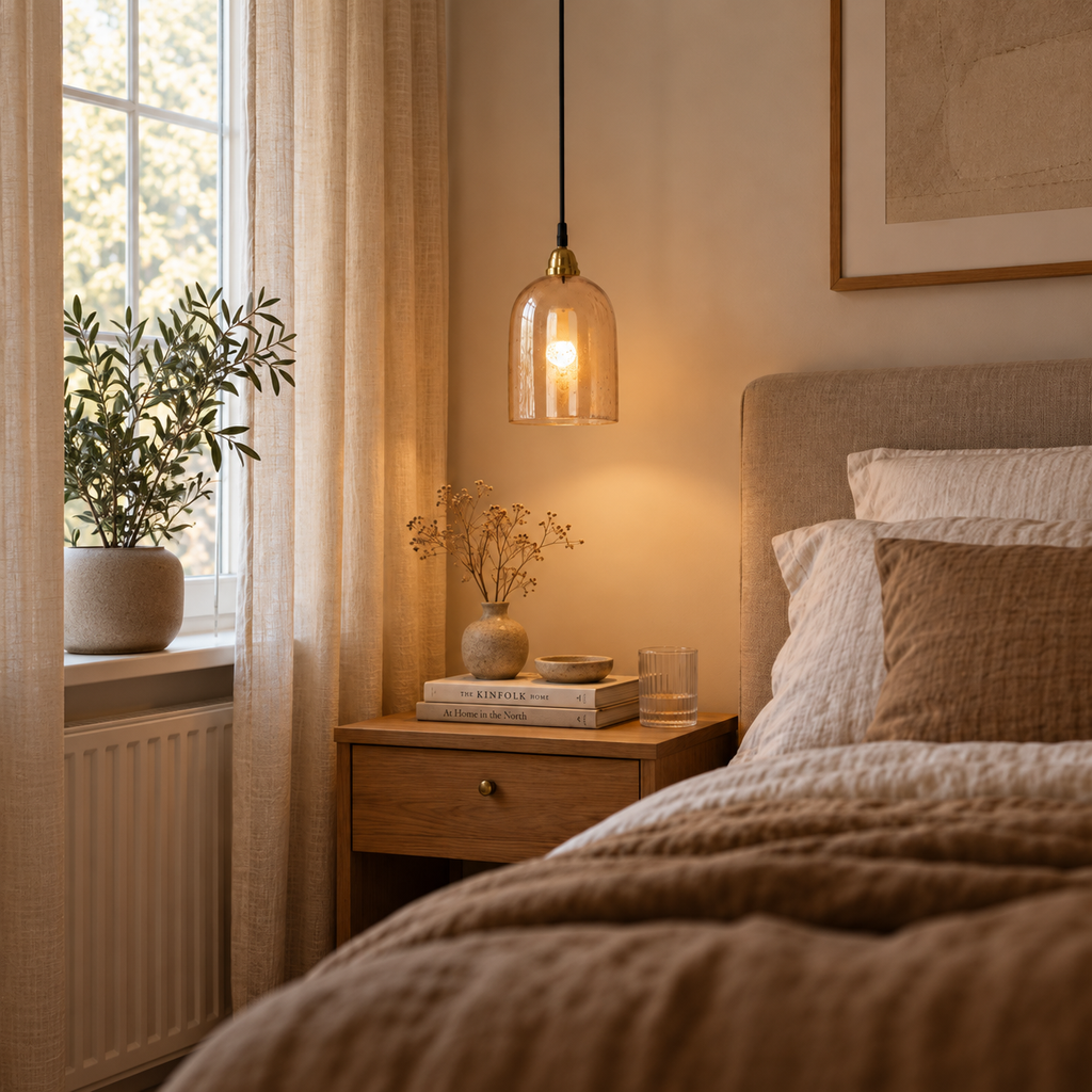 Luma pendel – ravfarvet glas & messing